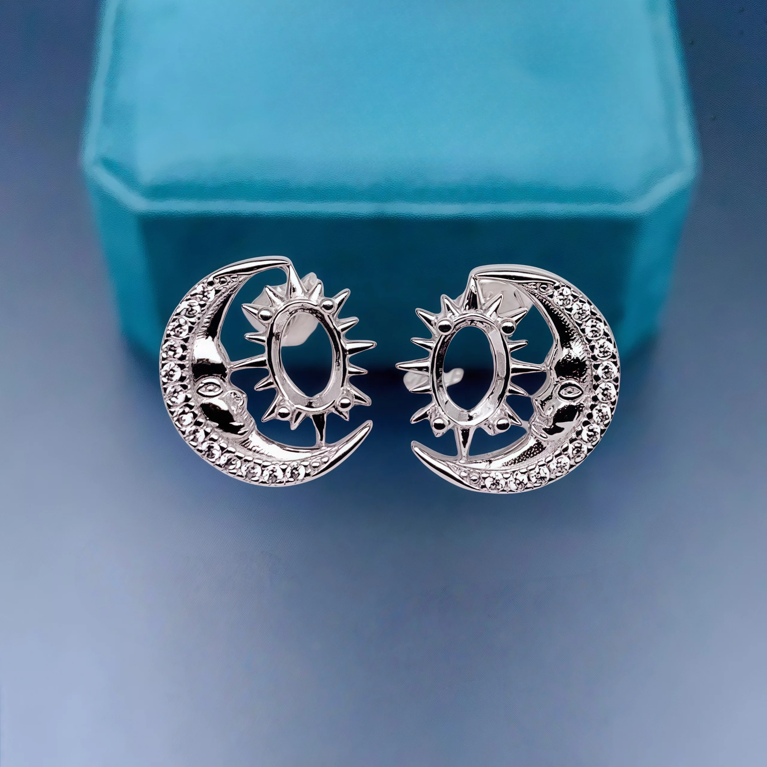 L 4*6mm Oval Stone Settings S925 Sterling Silver DIY Empty Earring Holder Sun Moon Fine Design Light Luxury 3 Colors for Woman