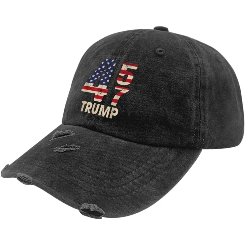 2024 45 47 Trump hoeden voor dames gewassen noodlijdende baseball caps vintage gewassen hardloophoeden, geheel zwart