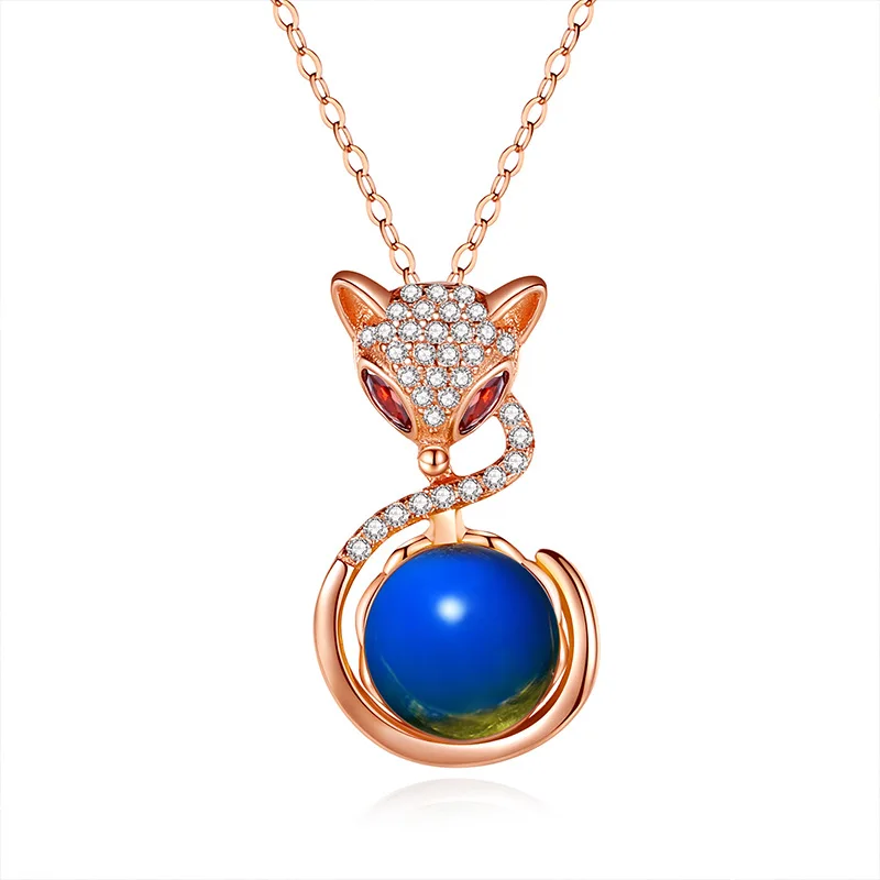 

The Intelligent Fox Pendant Necklace Elegant Jewelry Inlay Blue Amber Gift for Women