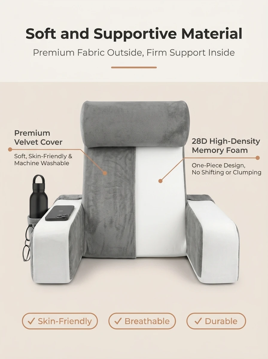 Ergonomic Reading Pillow with Armrest Premium High Density Shredded Foam Backrest for Bed Sofa and Floor Extra Large BackSupport view 6