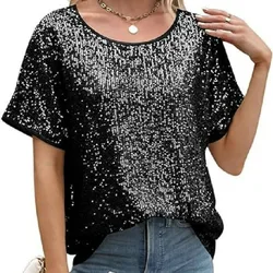 2024 Elegant Elegant New Loose Sequins Shoulder Short Sleeve Casual Sequin Deep V Shirt