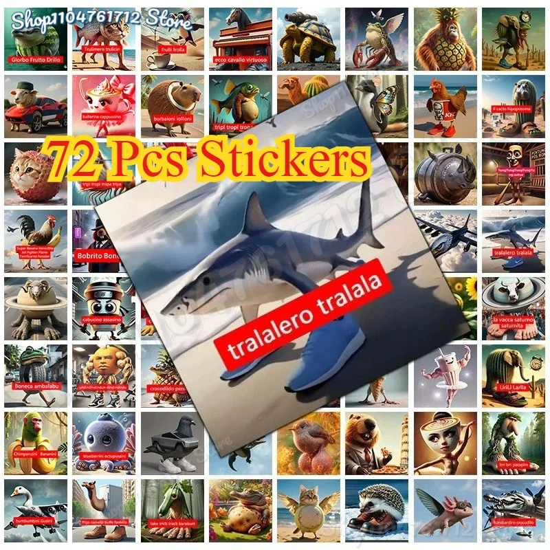 

72pcs Funny Tung Tung Sahur Meme Stickers Shark Shoes Tralalero Tralala Fake Trick Track Barabum For Laptop Water Bottle