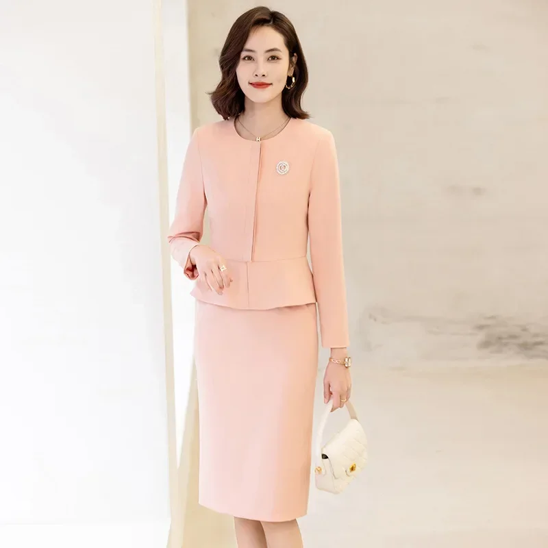 Elegant Women Pencil Skirt Suit 2023 New Korean Blue Black Orange O-Neck Formal Business Office Ladies Blazer Jacket 2 Piece Set