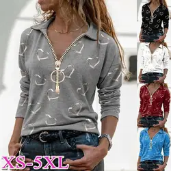 Women Spring Autumn Long Sleeve Zipper V-neck Blouse Fashion Casual Commuting Solid Color Heart Print T-shirt