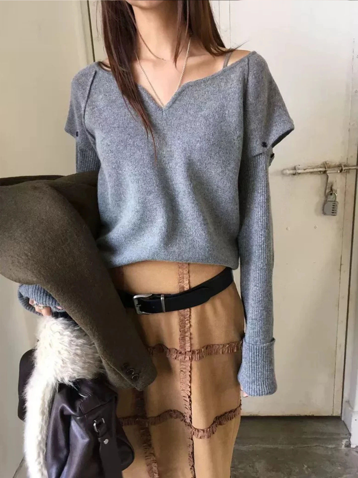 MOSA Women's Knitted Sweater Set Loose Fit round Ne Detachable Sve Casual Sle Long Sve Top Two-Piece Ensemble