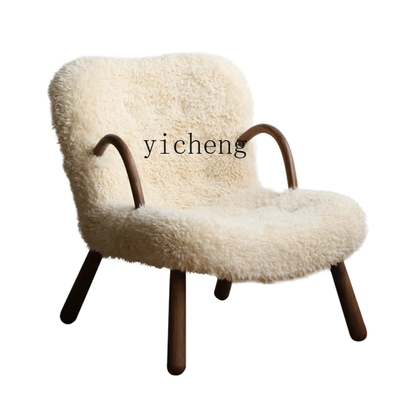 ZC Single Sofa Small Apartment Lamb Wool Sofa Designer Leisure Chair Lazy Sofa Wood Recliner