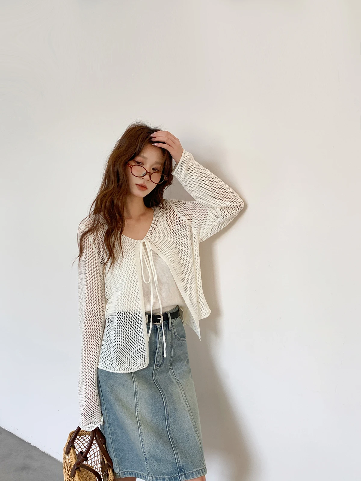 

Korean Style Girls Spring Summer New Knitted Open Cardigan Two-Piece Set Women's Sun Protection Hollow out Belted Knitwear