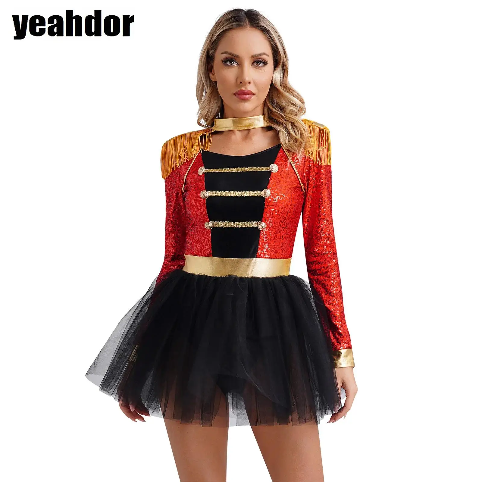 

Women Circus Ringmaster Costume Long Sleeve Tassel Shoulder Shiny Sequin Tulle Tutu Leotard Dress Halloween Carnivals Dress Up