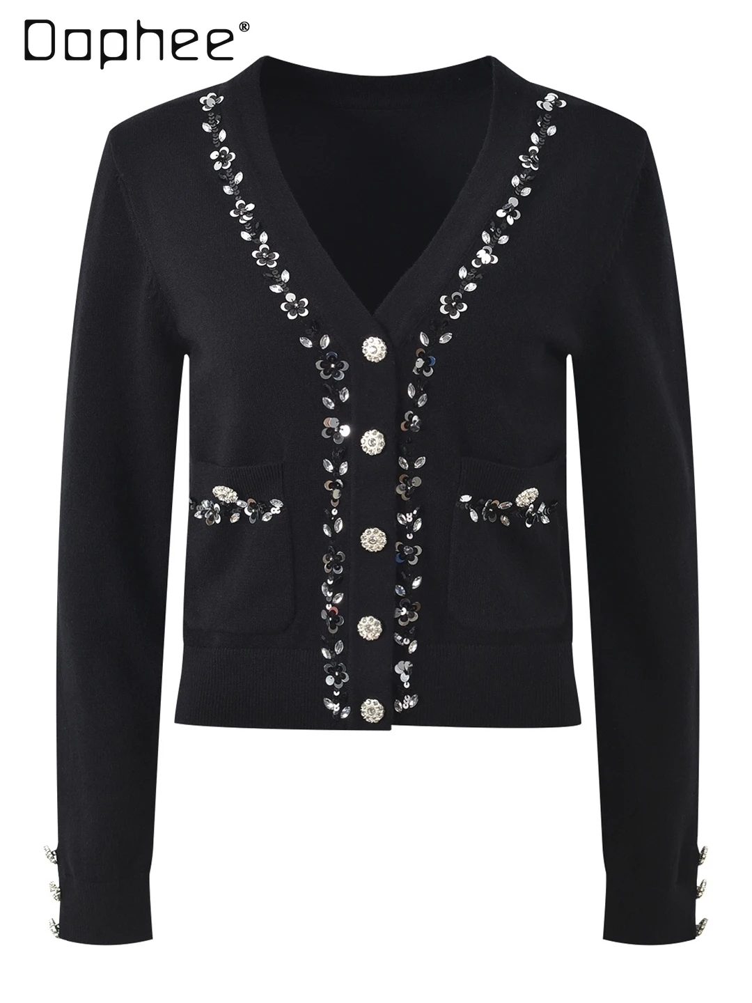 

Heavy Sequin Knitted Cardigan Women French Elegant Socialite V-neck Long Sleeve Black Cardigan Fashion Slim Cropped Cardigan