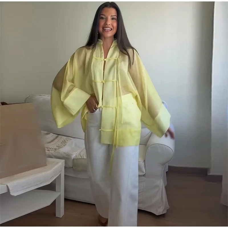Elegant Chinese Style Frog Button Blouse Sheer Wide Sleeve Loose Fit 2026 Summer Office Casual Chic Breathable Wear Women Top