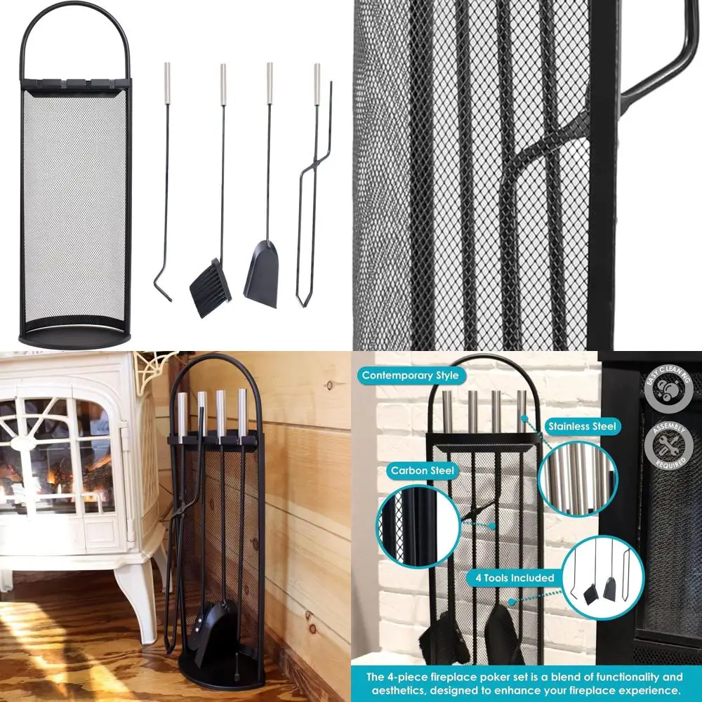 

4-Piece Fireplace Tool Set with Stand - Indoor Hearth Accessory Set and Mesh Curtain Holder