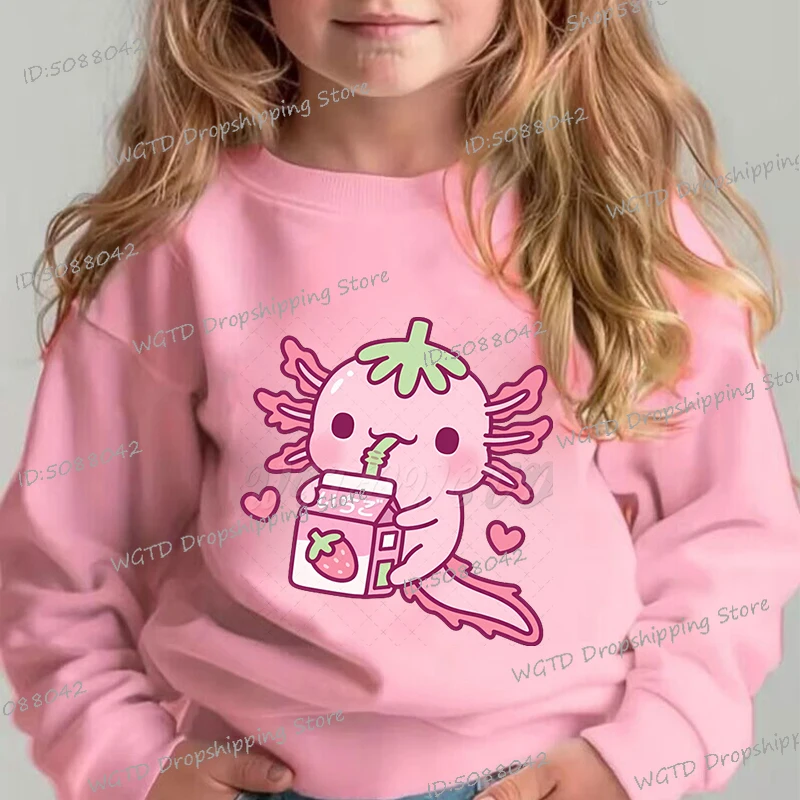 Axolotl Trend Children's Clothing Casual Cute Axolotl Loves Strawberry Milk Print Pullover Boys Girls Spring Cartoon Sweatshirts