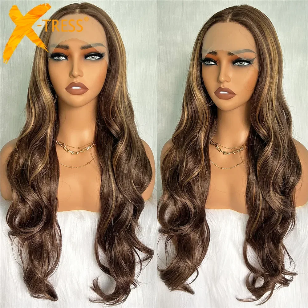 

X-TRESS Brown Highlight Lace Front Wigs 30 Inch Long Wavy Wigs Pre Plucked Natural Wave Synthetic Lace Wigs for Women T Part