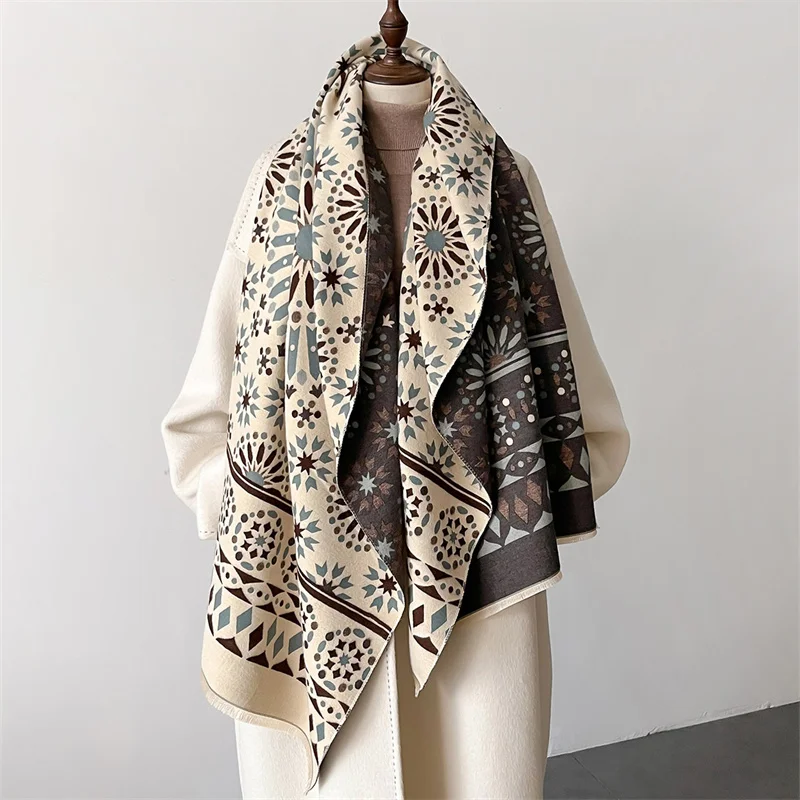 2024NEW Mature and Elegant Flower Contrast Color Winter Scarf Luxury Brand Cotton Shawl Windproof and Warm Women's Scarf