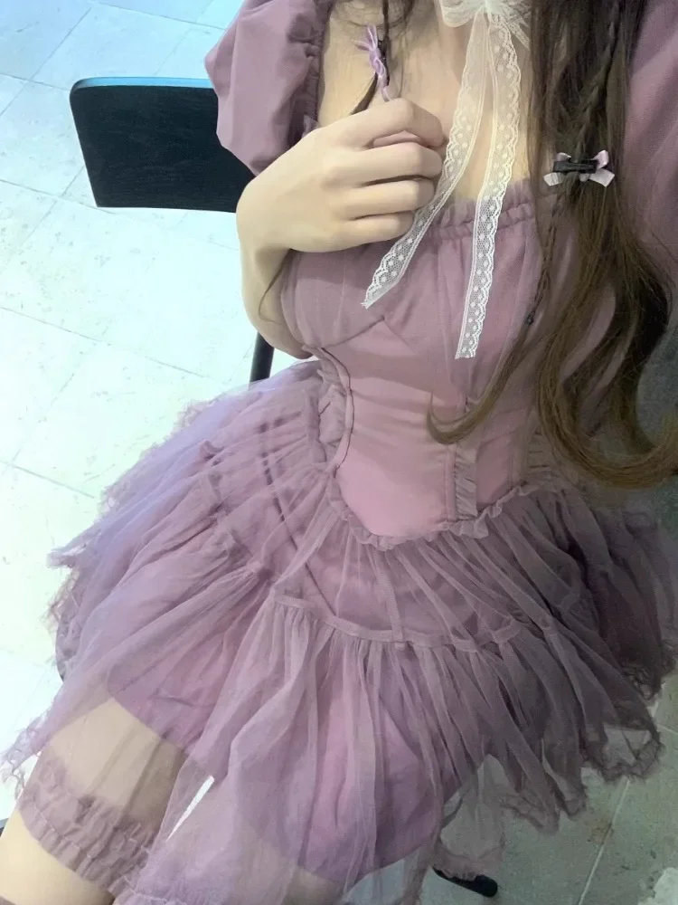 Korejepo Ballet Style Temperament Dresses Purple Bubble Sleeve Dress Women 2025 New Retro Waistband Mesh Puffy Short Vestido