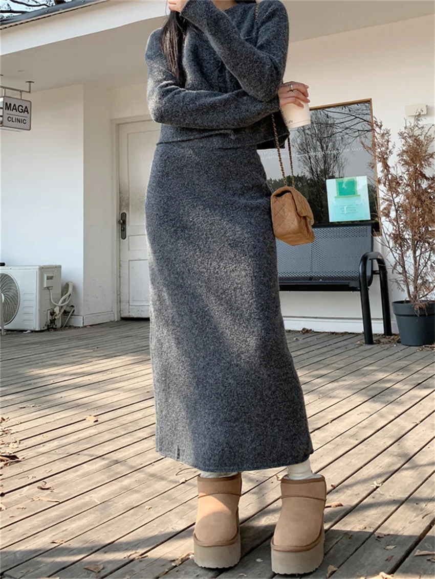 Alien Kitty M-L Grey Slim Elegant Sweaters Women Chic Knitted Straight Long Skirts 2024 Spring High Street OL Minimalist Sets