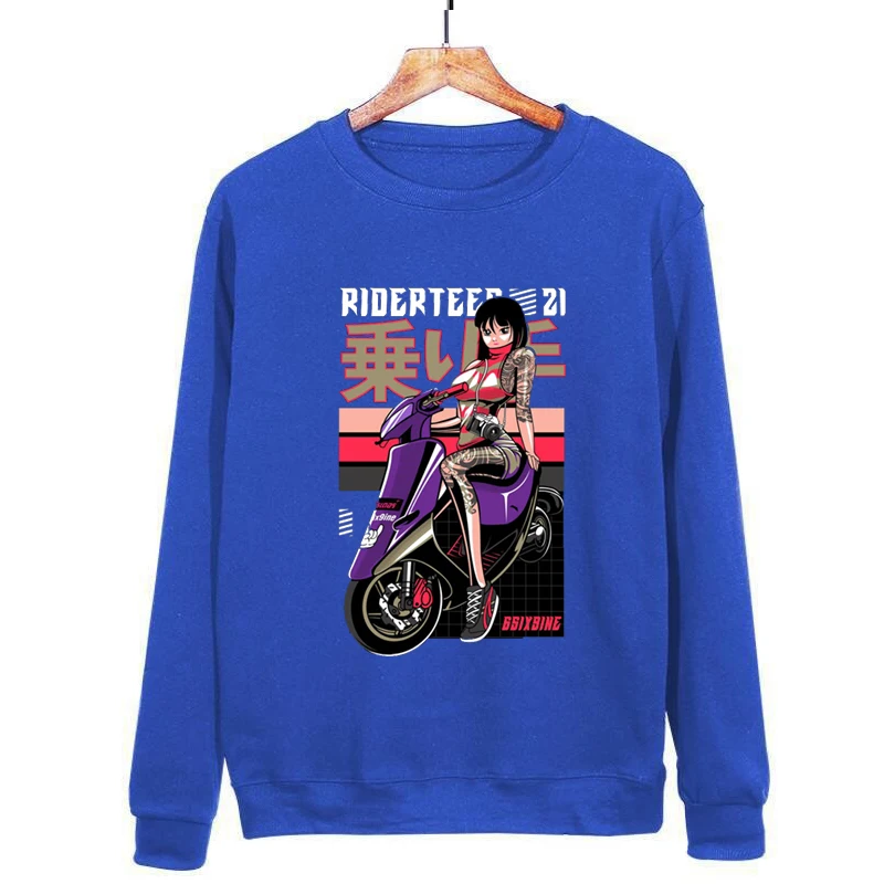 Japão uma mulher piloto em movimento motocicleta hip-hop único hoodies popular confortável letras pulôver novidade bonito estilo casal