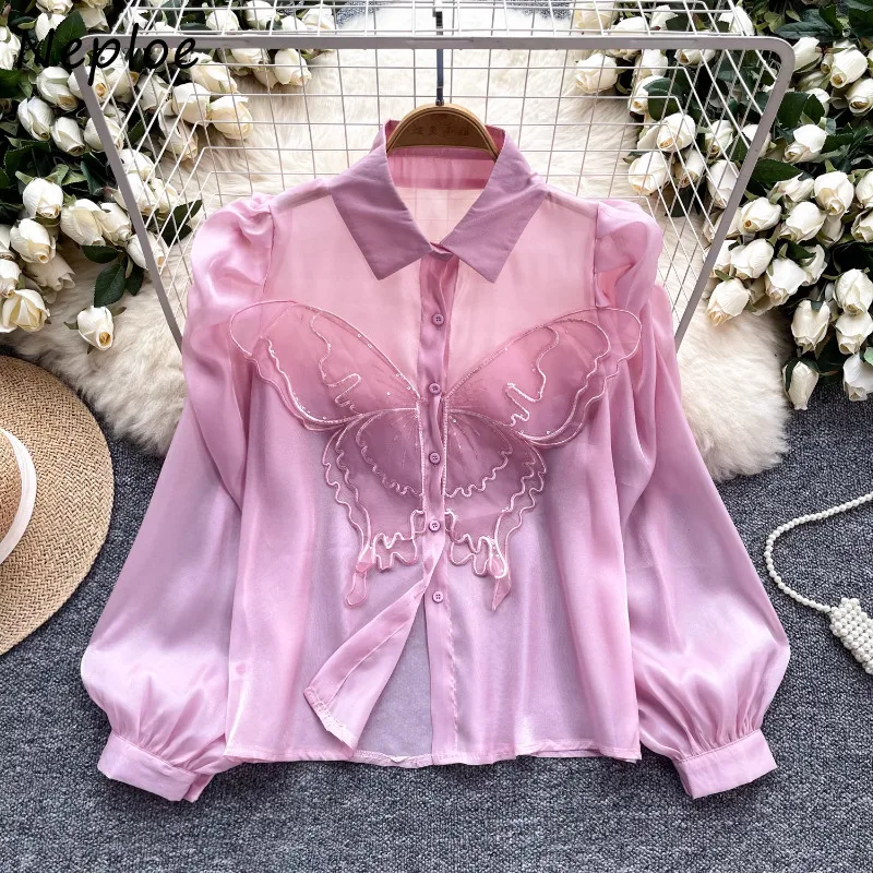 Neploe Sweet 3D Butterfly Embroidery White Blouses 2024 Summer New Mesh Shirts Women Y2k Puff Sleeve All-match Blusas Mujer