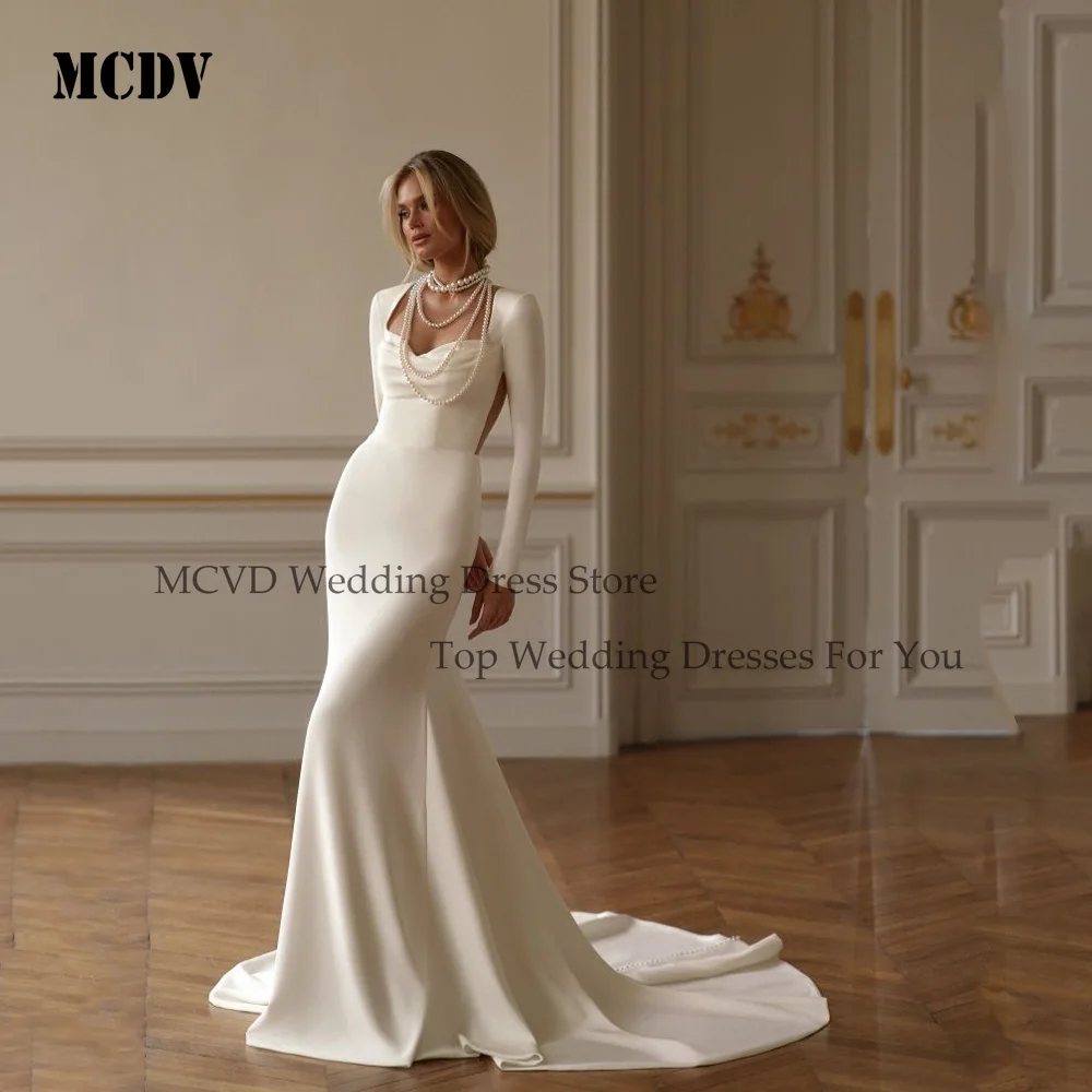

MCDV Sexy Mermaid Ivory Satin Wedding Dress Simple Illusion Open Back Button Pleated Long Sleeve Strapless Bridals Customized