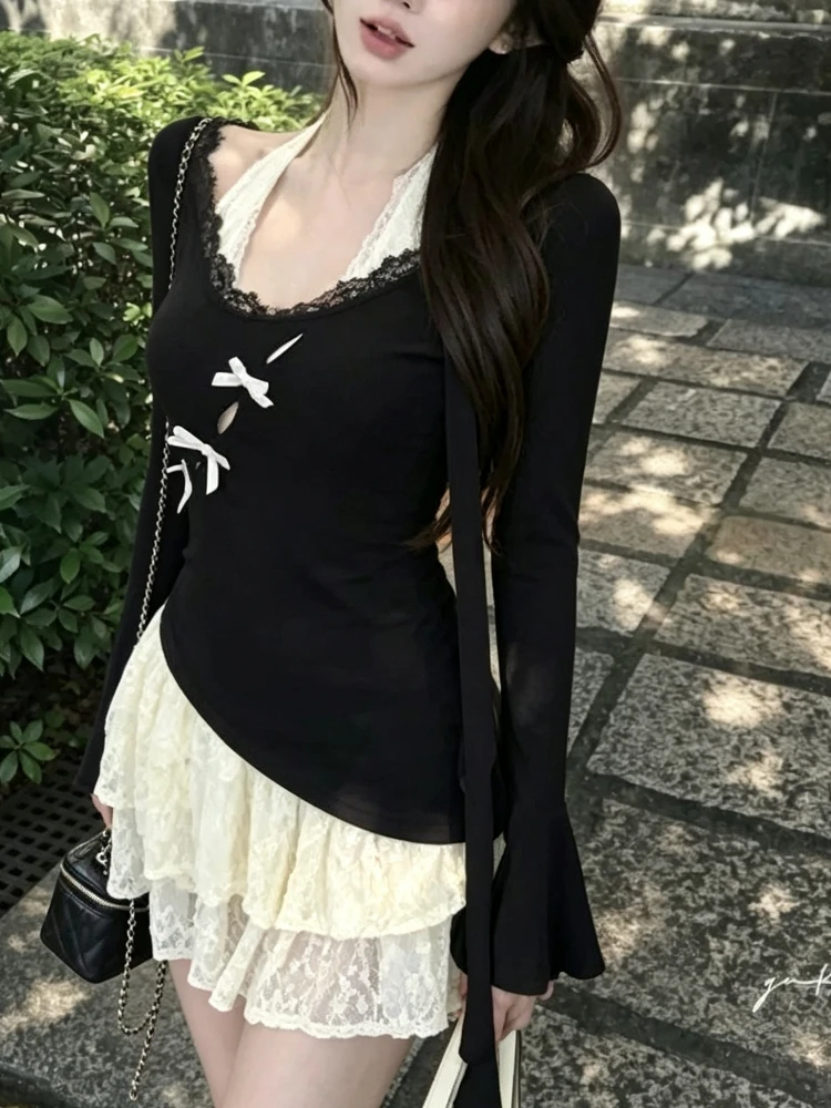 Summer Shoujo Girl Y2K 2000s Korean Kpop Women Two Piece Set Long Sleeve Top Coquette Ballet Lace Mini Dress Slim Sweet Outfit