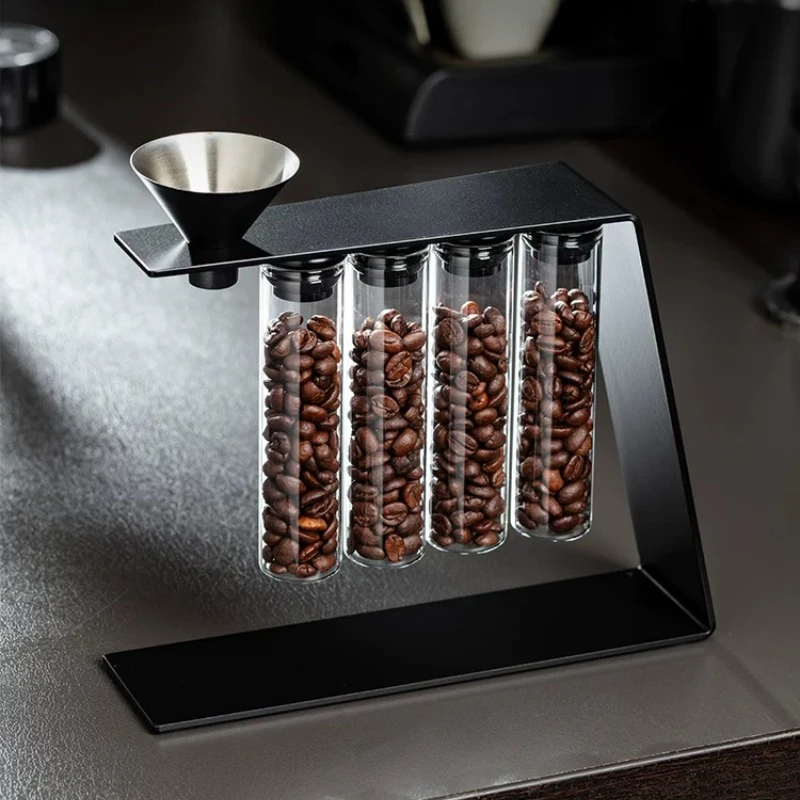 Coffee Bean Tube Display Rack, Clear Storage Canisters with Magnetic Lids, One-Way Degassing Valves, Sealed Design, Metal Stand
