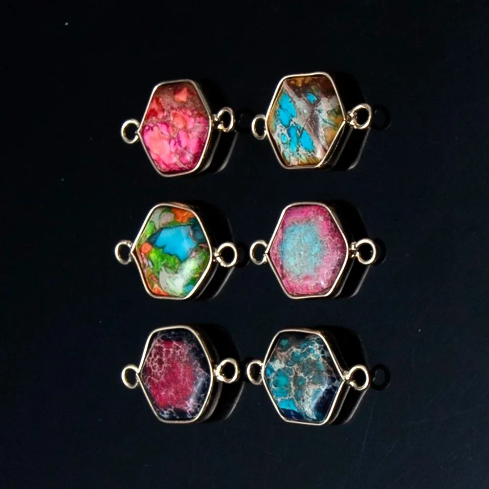 1PC 16x20mm Naural Gemstone Imperial Jasper Connector Handmade Hexagonal Gold Edging DIY for Making Necklace Bracelet Earrings