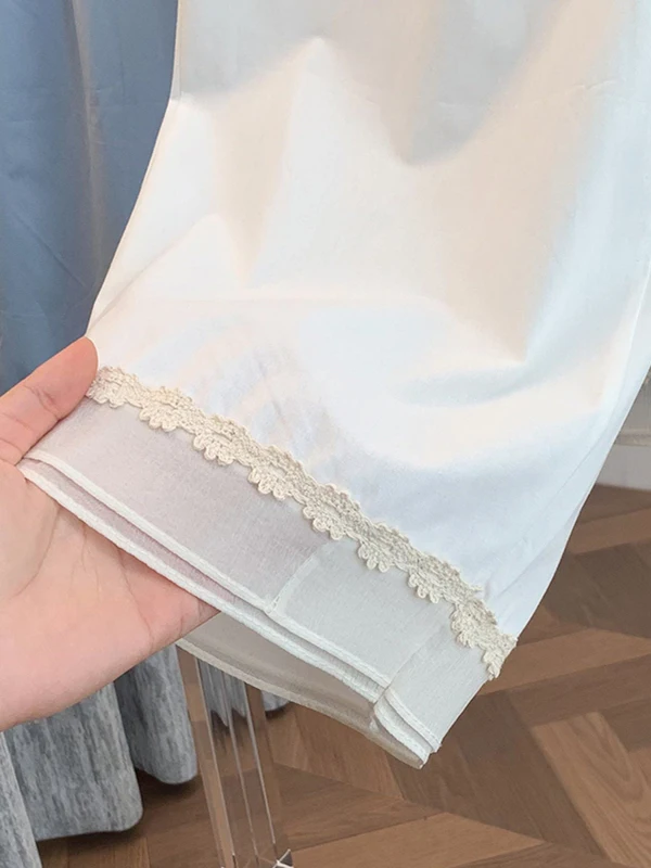 Ele High Waist Wide Leg Pants Women's Summer New Artistic Casual Straight Leg Pants Lace Trim Airy Comfortable Cotton Linen