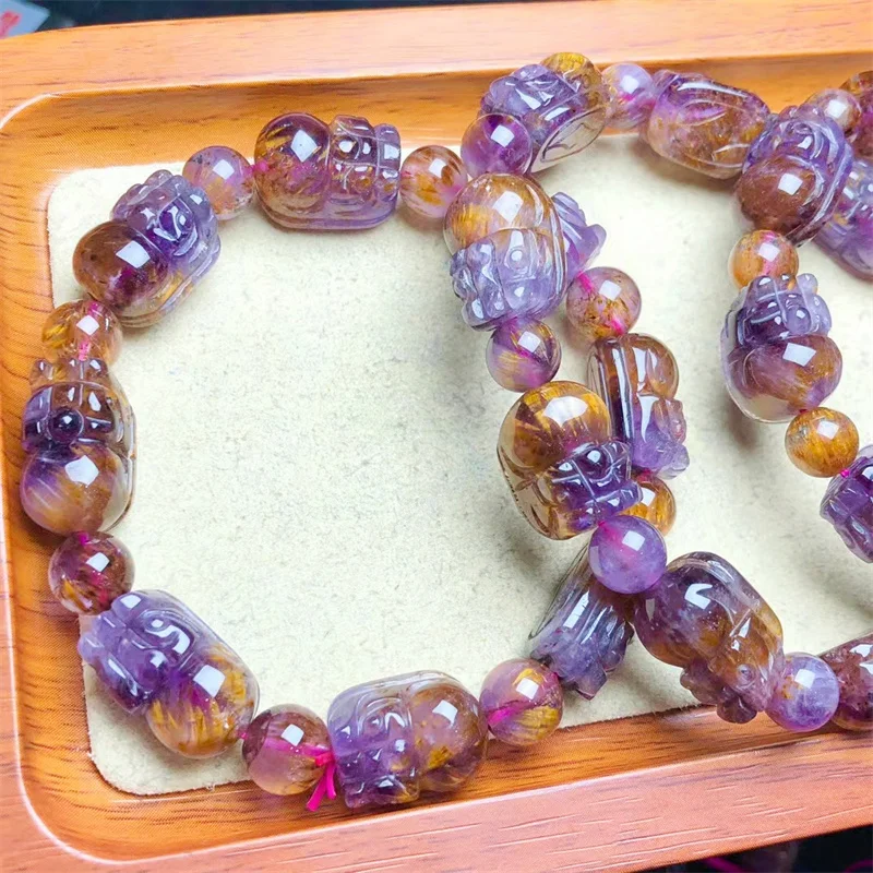 Natural Purple Rutilated Quartz Pixiu Bracelet Auralite Women Round Beads Gold Rutilated 1PCS 9x14mm