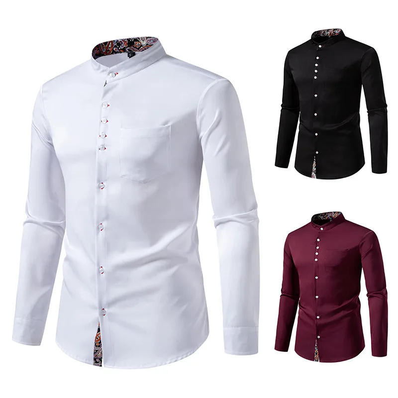 

Retro Chinese Sle Men's irt Stand Collar Patchwork Color Blo Faionable Long Sve Loose Fit Four Seasons Universal