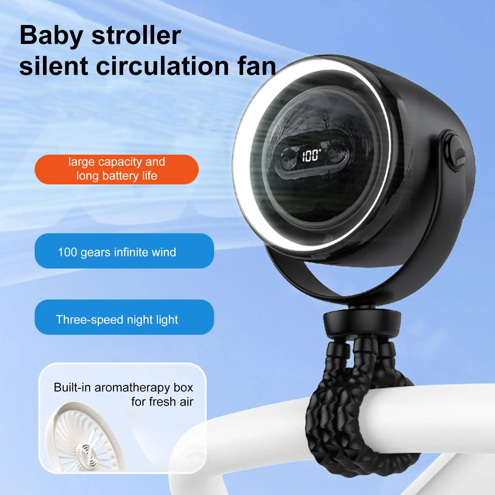

Flexible Octopus Stroller Fan 10000mAh USB Rechargeable Fan with LED Night Light 3-Speed Cooling Fan for Crib/Car Seat/Treadmill