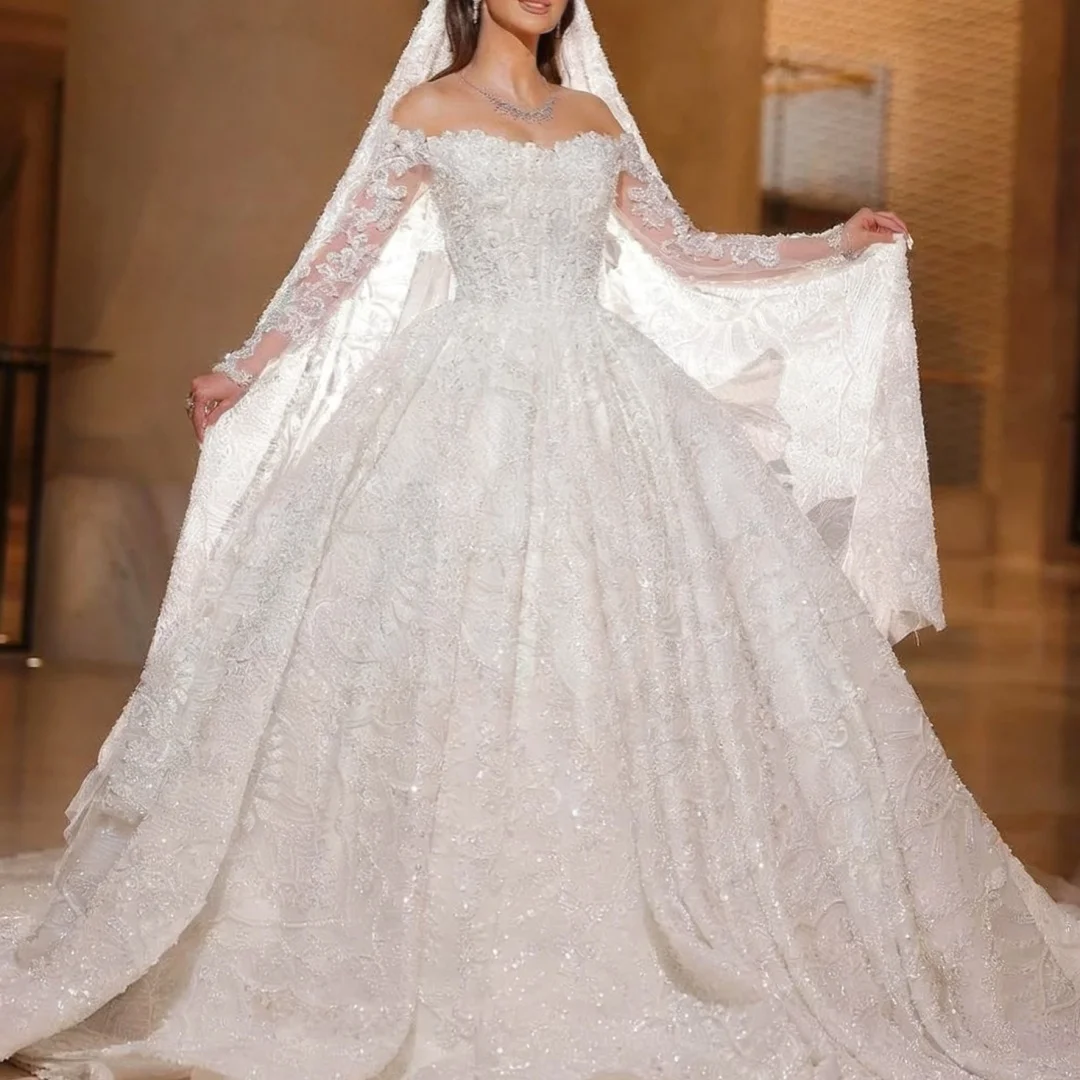 Vestido de casamento luxuoso personalizado, organza com contas bordadas, princesa, vestido de baile, gola redonda, noiva formal, vestidos de festa