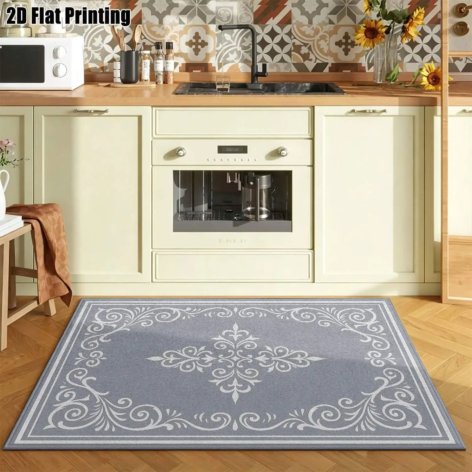 1Pc 2D Printed Blue-Grey Geometric Pattern Carpet, European Retro Minimalist Style, Home Decor Mat, Multi-Size Machine Washable, for Entrance, Living Room, Bedroom, Dining Room, Foyer