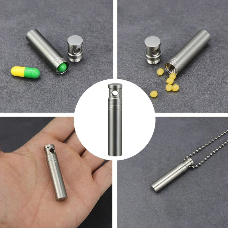 Titanium Alloy Waterproof Pill Case Portable Moisture-proof Sealed Bottle Camping Medicine Case with Necklace Keychain Travel