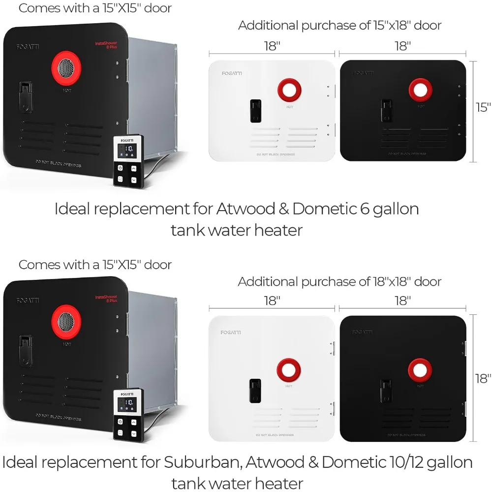 RV Tankless Water Heater, InstaShower 8 Plus, Gen 2, with 15 x 15 inches Black Door and Remote Controller, DC 12V