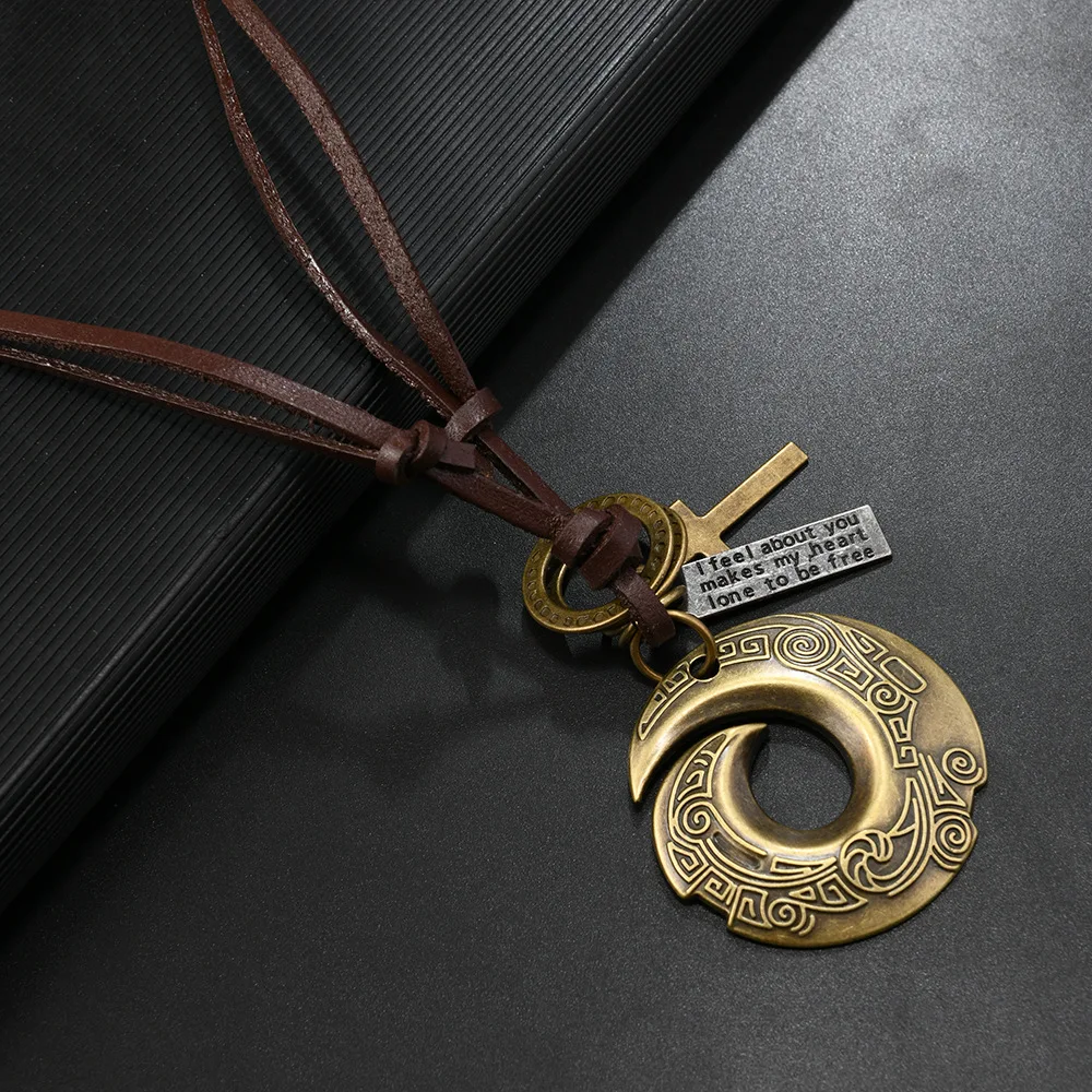 European and American cross-border new fashion cowhide necklace retro alloy transfer ring jewelry adjustable men's pendant neckl