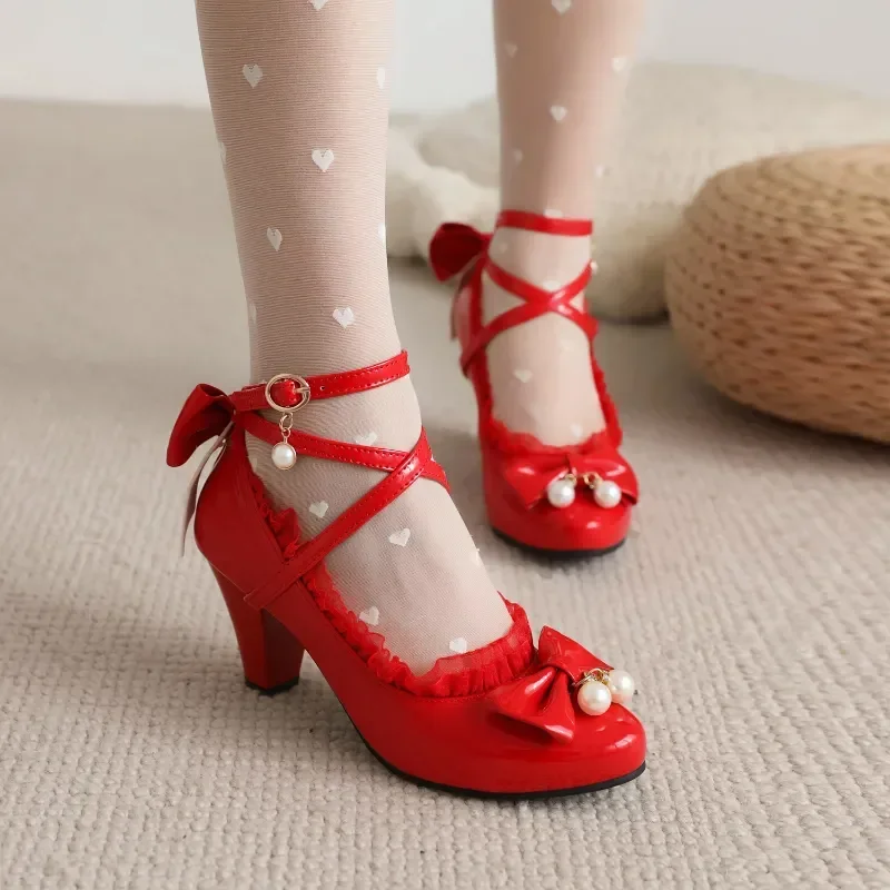 Lolita Cross-strap School Party Princess Shoes High Heels Red White Black Bowties Pearl Pendant Sweet Big Girls Pumps 7 12 14+y