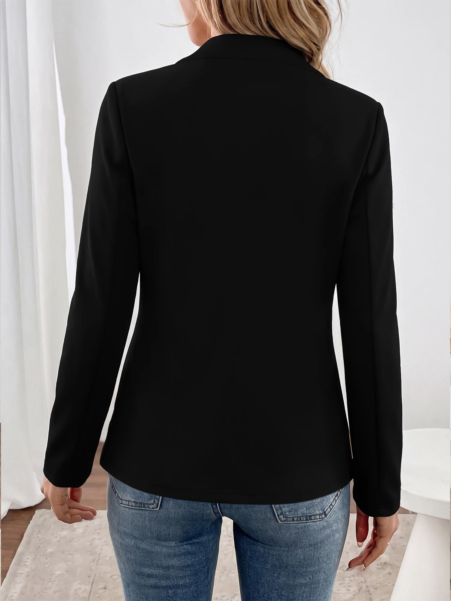 Women Stand Collar Open Front Blazer Long Sleeve Slim Fit Solid Color Office Suit Jacket Spring Autumn Casual Outerwear