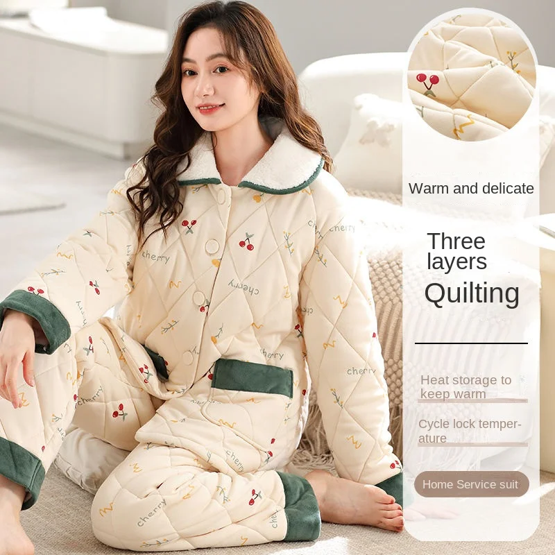 Three-layer Cotton for Women's Autumn Winter Three-layer Padded Piled Thickened  Coral Velvet Can Be Worn Outside Loungewear Set