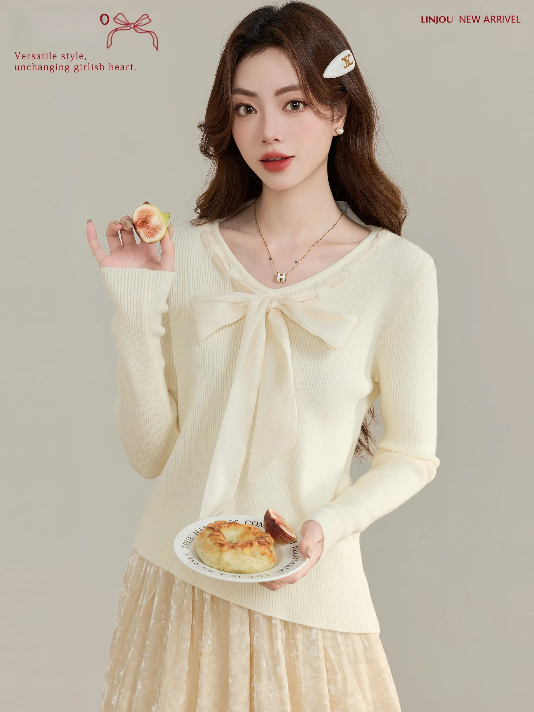 

Вязаный свитер Long Sve, женский внутренний свитер с поясом и V-образным вырезом, состаренный пшеничный цвет, осенний новый Sle, приятный маленький размер...