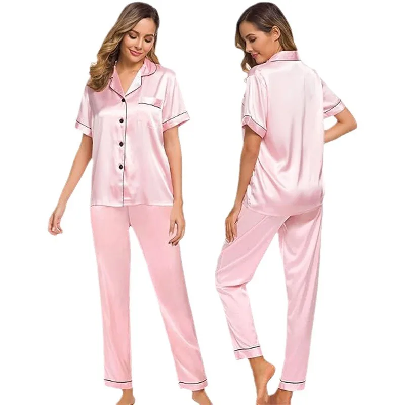 

Women's Summer Pajamas Sets Short Sleeve Buttons Top & Pants Sleepwear 2 Piece Button-Down Pajama Set Homewear Satin Loungewear