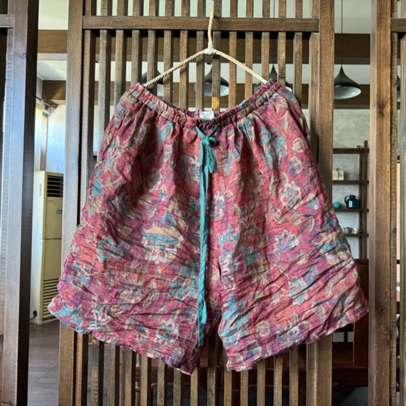 

100% Linen Women Casual Shorts New Arrival 2025 Summer Vintage Style Floral Print Loose Comfortable Female Short Pants T478