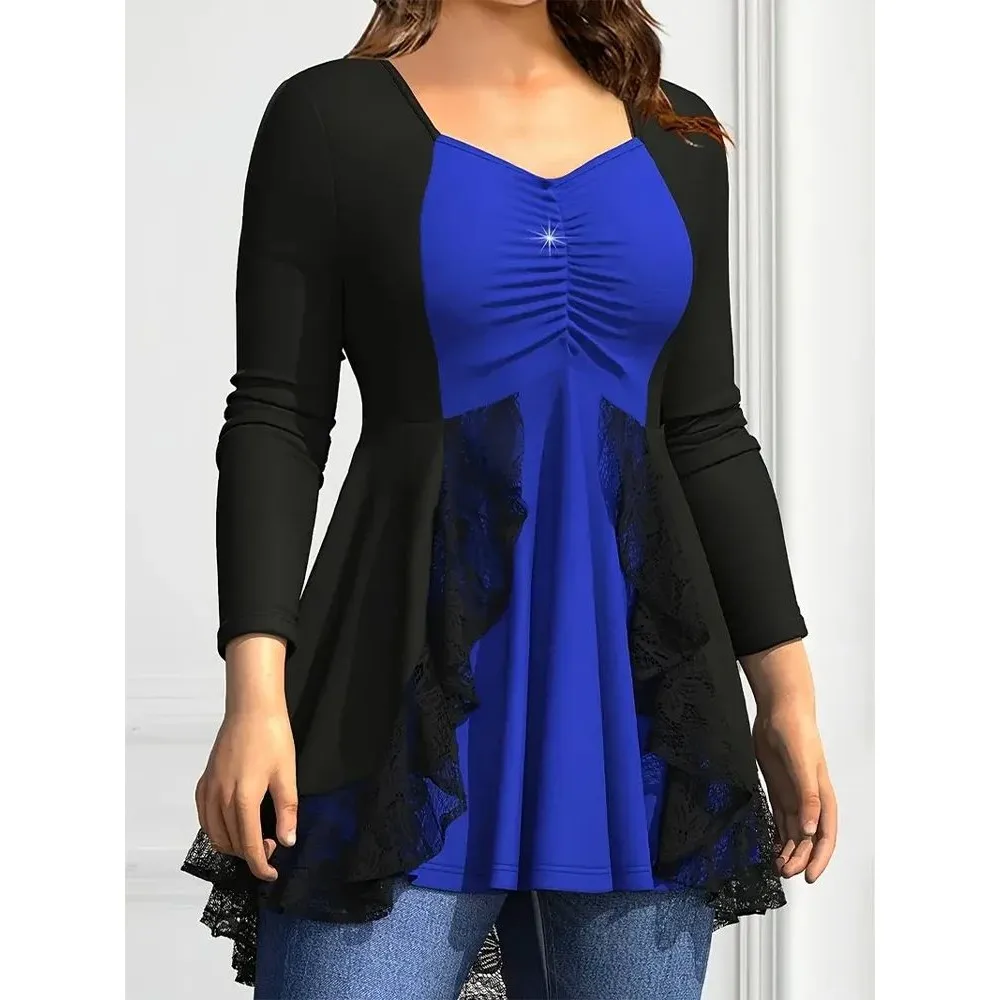 

Женская футболка больших размеров Long Sve, повседневная кружевная строчка, удобный крой для грушевого тела, зимняя коллекция