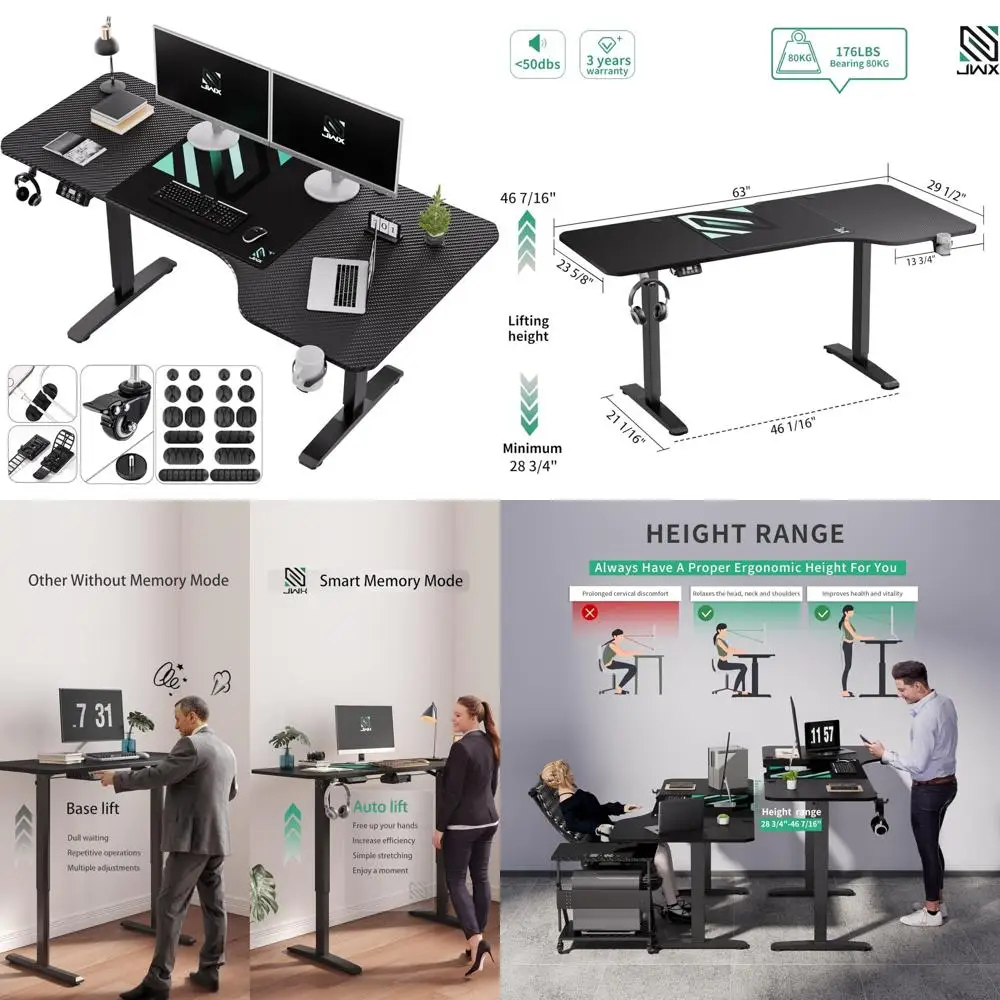 

L-shaped Electric Adjustable Desk, 63 Long, with Wheels, Cup Holder, and Headphone Hook for Gaming