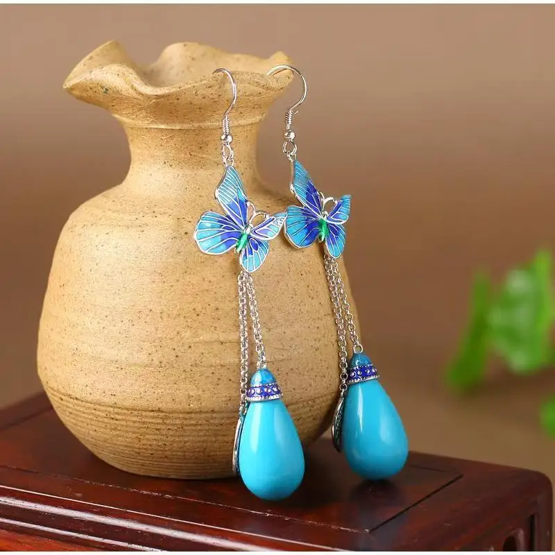 

Classic hot selling original niche design cloisonné inlaid turquoise earrings temperament ethnic style personalized earrings