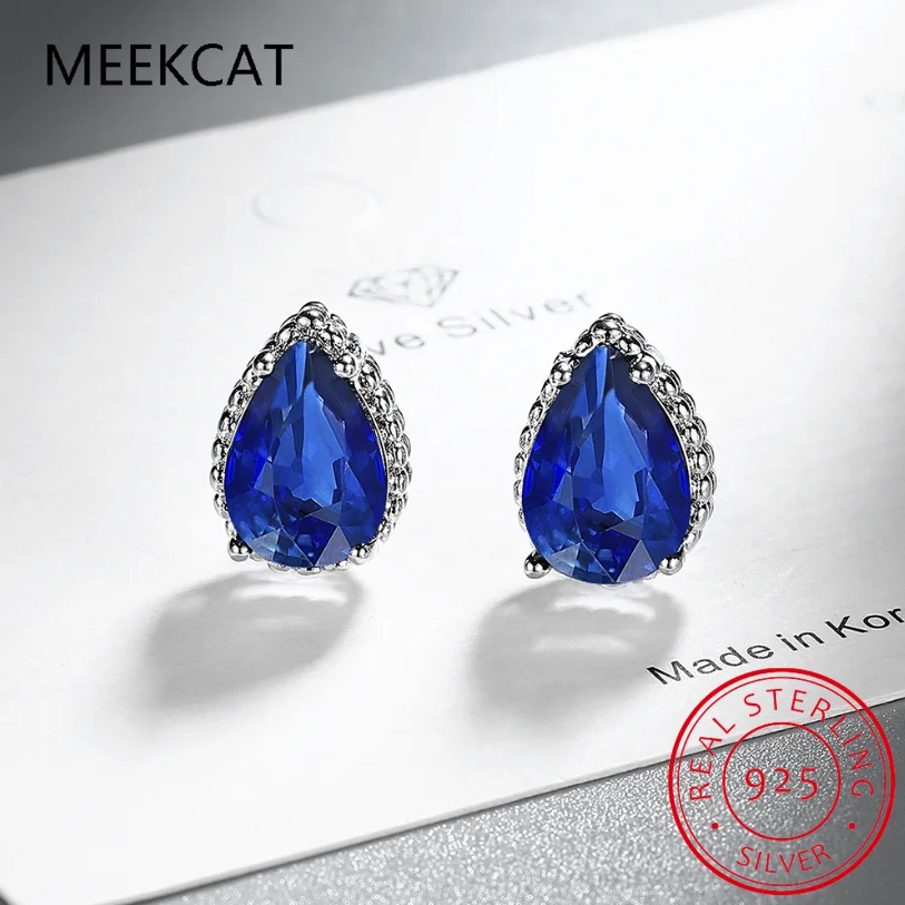 Pear Cut Blue Created Sapphire 925 Sterling Silver Water Drop Stud Earrings for Women Fashion Gemstone Jewelry Gift