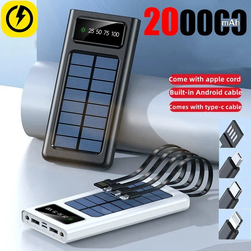 Solar PowerBank 200000mAh Solar Battery Large Capacity Two-way Fast Charging Built-in Cable Power Bank External Battery Portable