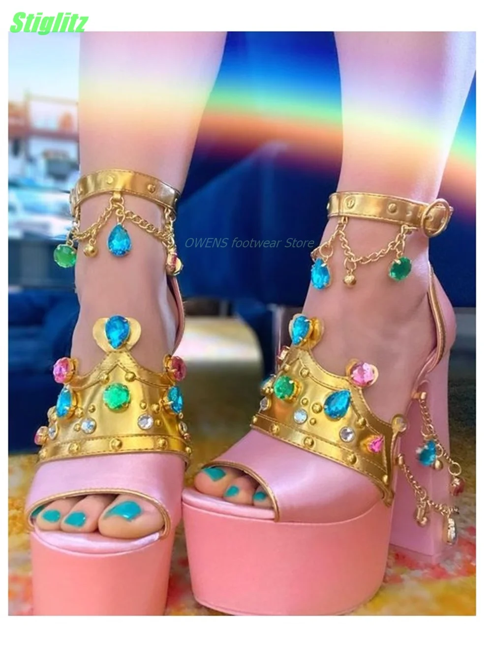 Rhinestone Plantform Luxury Sandals Mixed Color Pink Shoes Party Satin Women Shoes Square Heel Round Toe Gorgeous 2024 Fashion