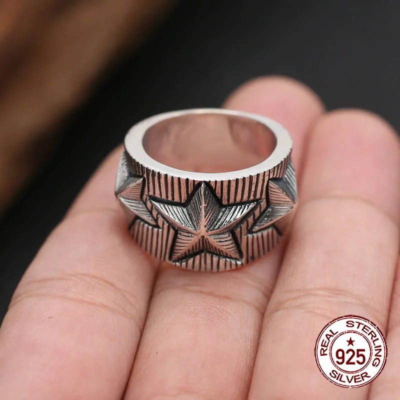 

S925 sterling silver jewelry, fashionable punk striped pentagram Men's Ring Wide Edition Ring