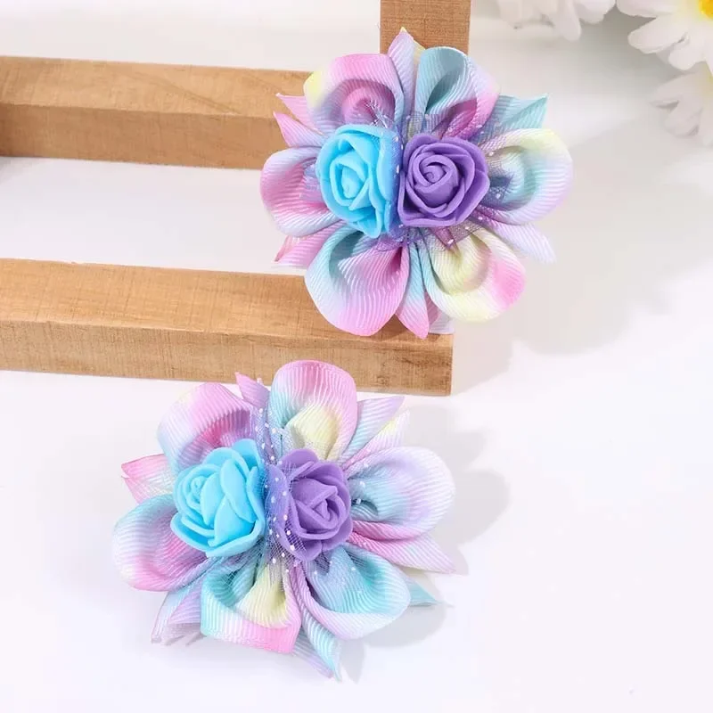 Oaoleer 2PCS Rainbow Ribbon Flower Hair Clip Cute Little Girls Colorful Rose Floral Hairpin Kids Barrettes Girl Hair Accessories