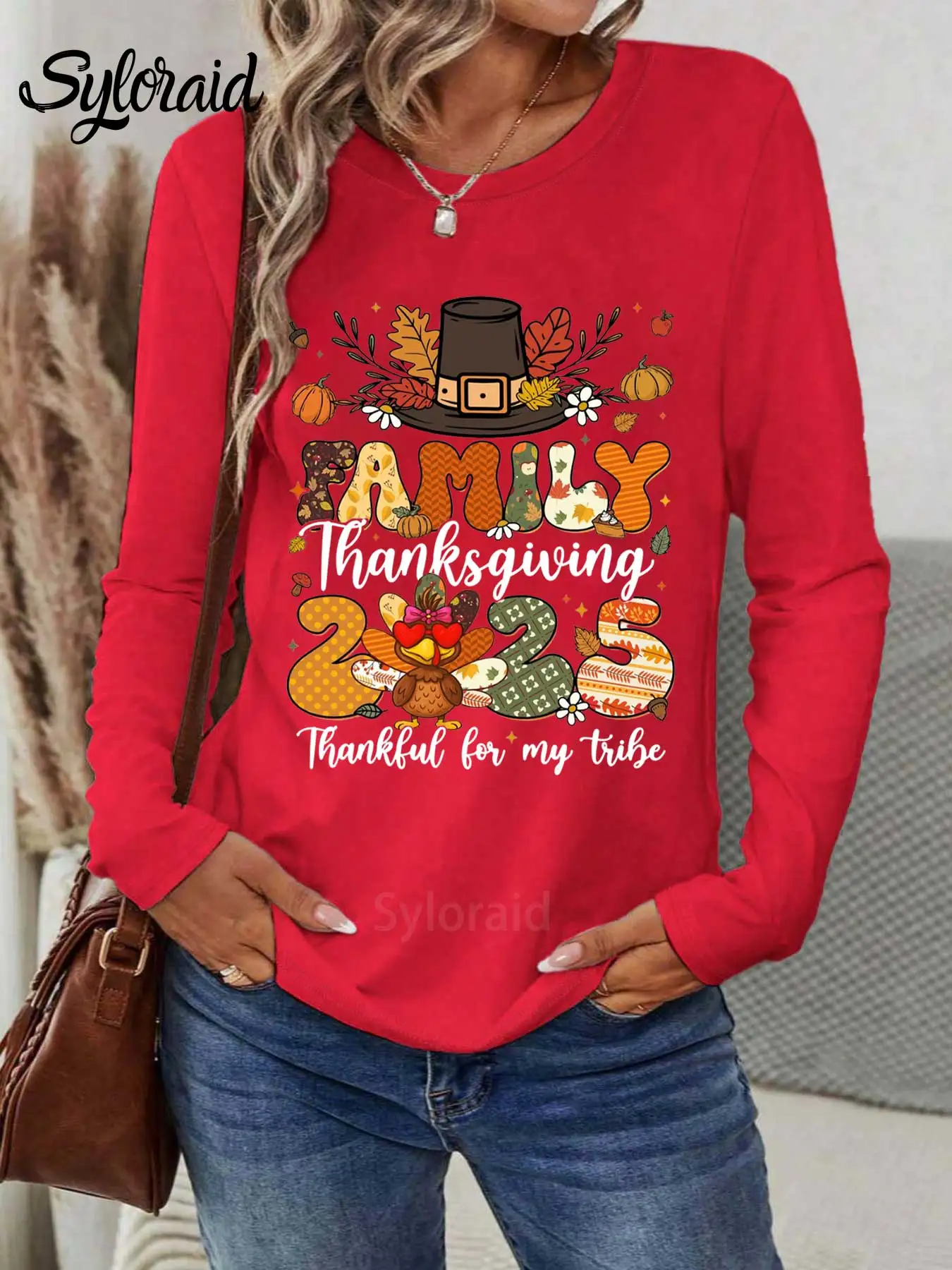 Damska koszulka z długim rękawem na Święto Dziękczynienia 2025, koszulka z motywem indyka, koszulka na spotkanie rodzinne, modna koszulka z okrągłym dekoltem, codzienna bluzka.